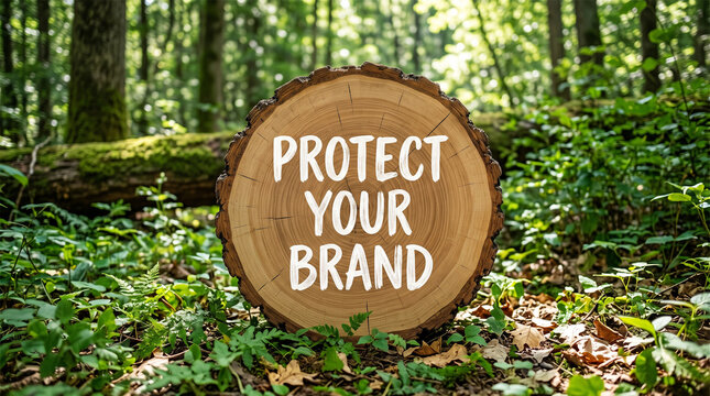 Tree trunk cross-section features the imperative message "PROTECT YOUR BRAND" prominently displayed in a lush green forest, symbolizing strong foundational business values and environmental.