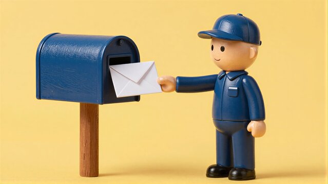 Wooden mailman places letter into blue mailbox against yellow background.