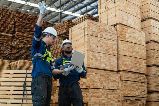During lumber inventory checks, two warehouse colleagues consult a laptop as one raises his hand beside stacked timber.