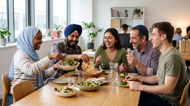 Diverse colleagues of different faiths sharing lunch together at an office table, religious tolerance and workplace equality