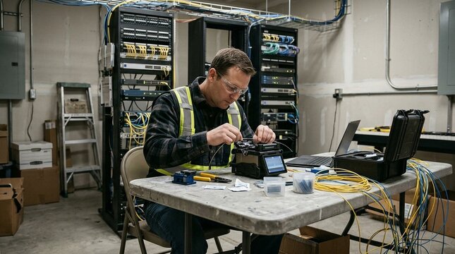 Technician Using Fusion Splicer on Folding Table in Quiet Equipment Room, Fiber Optic Splicing