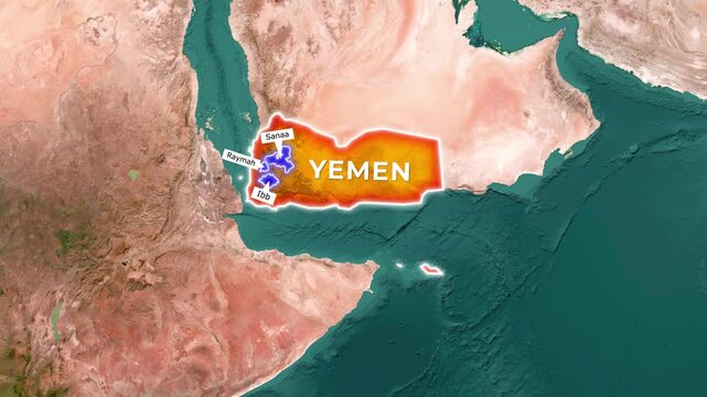 Digital map of Yemen highlighting Sanaa and Raymah with Ibb provinces
