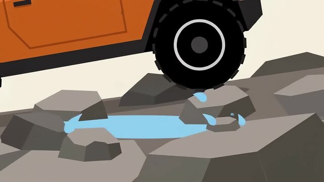 Orange offroad vehicle driving over rocky terrain with water puddle flat vector illustration.