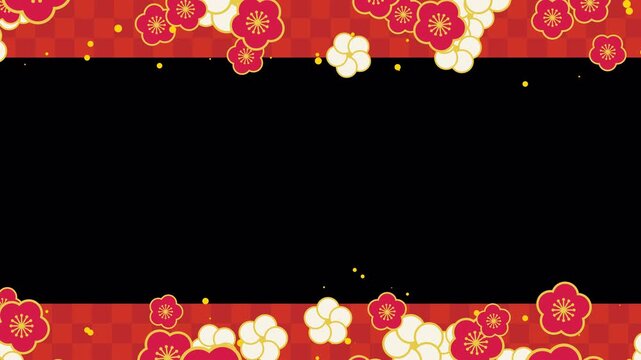 アルファチャンネル付きの梅の花が舞う赤い和柄の和風背景フレーム動画（透過） / Red Japanese Pattern Frame with Floating Plum Blossoms, Transparent Background, Alpha Channel