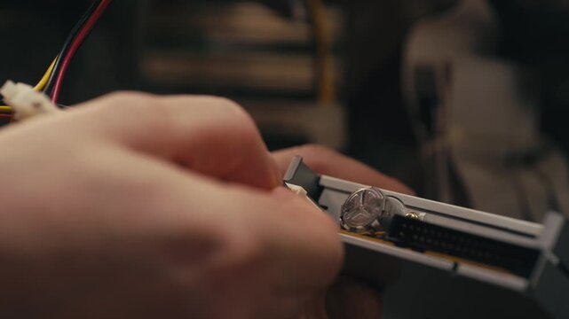 Computer repair close up, technician hands connecting power cable to hard drive inside PC case, assembling and upgrading desktop computer hardware components