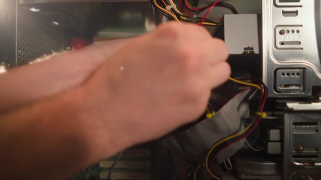 Retro computer hardware close up, motherboard and cables inside old 90s desktop PC, technician hands connecting wires during vintage computer repair