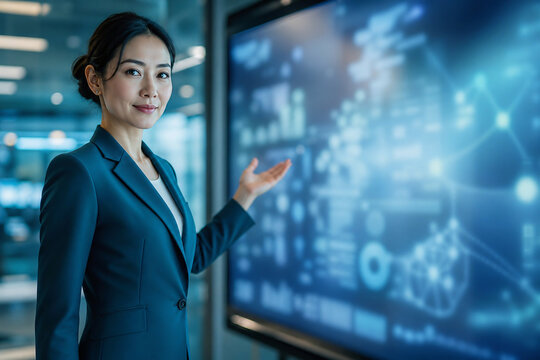 青いデジタル画面を示す日本人女性