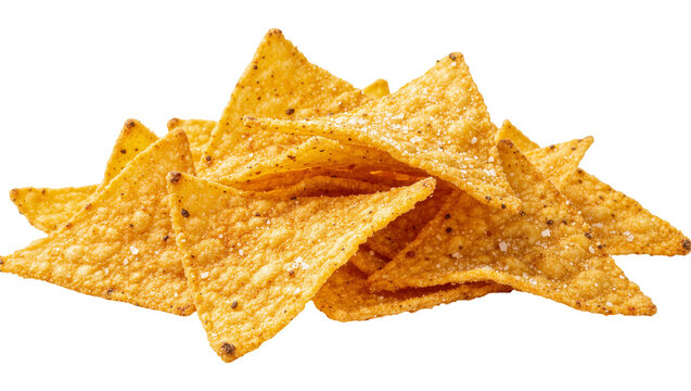 Isolated pile of delicious crunchy nacho tortilla chips with seasoning and salt for snacking.