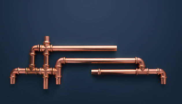Modern Copper Plumbing Pipes Configured on Dark Blue Wall Background