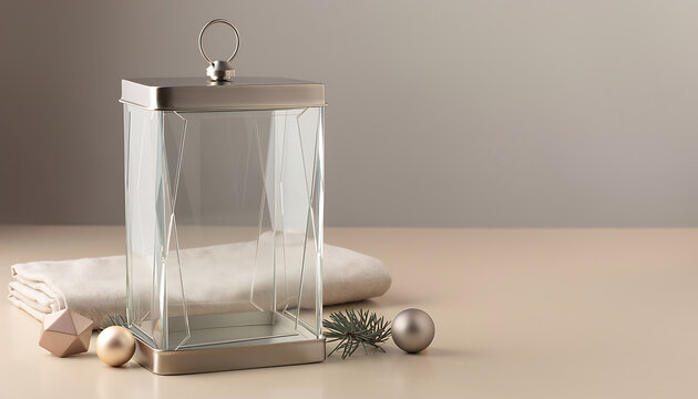 Elegant Glass Lantern with Silver Top and Holiday Ornaments on Table