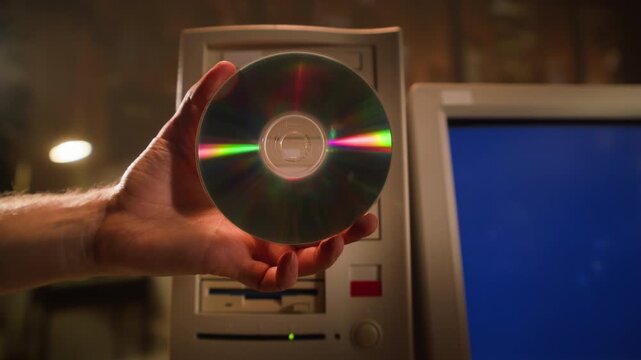 CD disc in hand, compact disc and CD ROM drive of retro desktop computer, inserting disk into old 90s PC tray, vintage data storage technology
