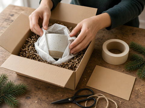 Small business owner packing ceramic mug into shipping box