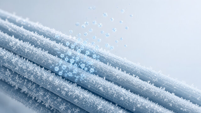 parallel muscle fibers with delicate frost crystals forming along their surface, tiny glowing molecules released from the fibers, cool ice blue and white minimal palette