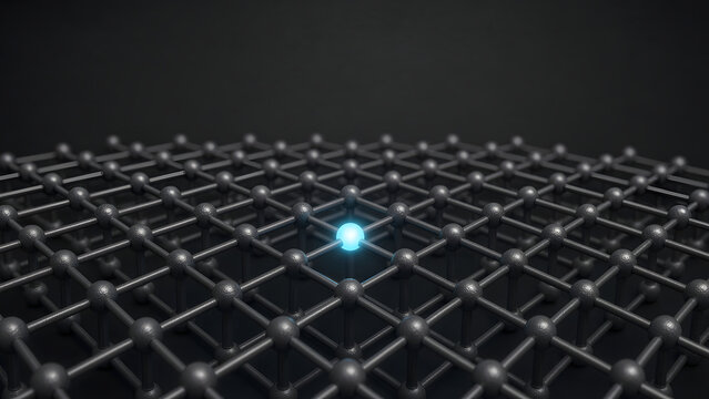 a perfect metallic crystal lattice of small spheres and thin bonds receding into depth, a single missing-atom defect in the center glowing with a soft cyan light, dark graphite background
