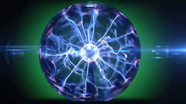 Electric plasma ball glowing with purple and blue lightning arcs