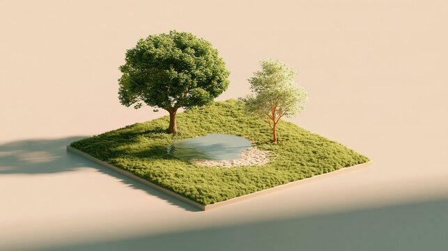 Miniature 3D diorama of a tiny landscape with trees, a pond and a small house on a floating tile, in a clean modern style