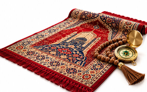 Islamic prayer rug with prayer beads and qibla compass on white