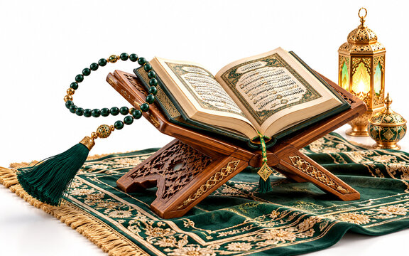 Open holy Quran on wooden stand with green prayer mat and beads