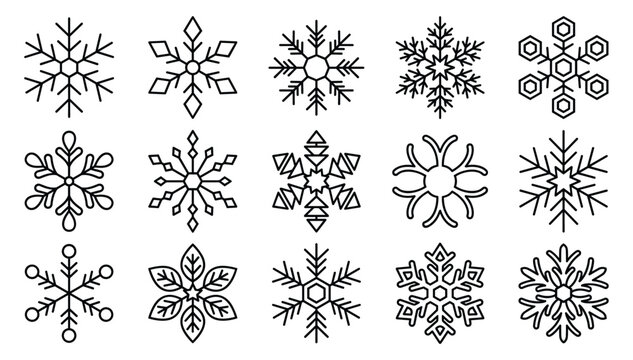 Collection of diverse geometric snowflakes in outline style suitable for seasonal winter patterns or Christmas cards