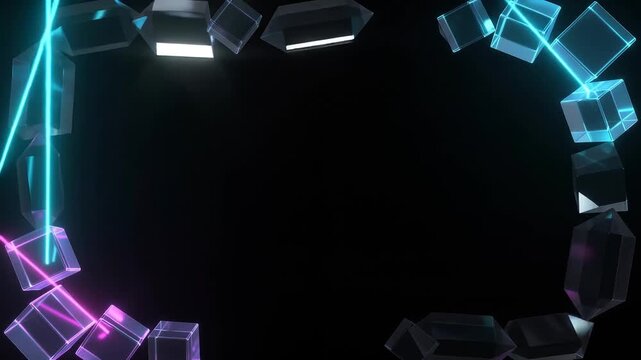 Floating glass geometric shapes with neon laser beams on black background