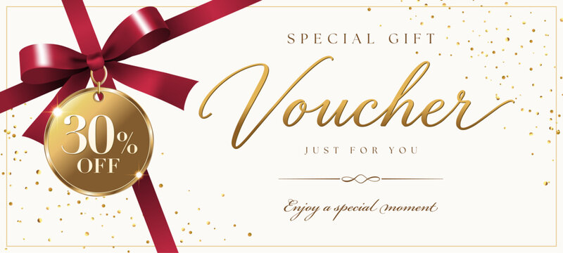 Elegant gift voucher template design with burgundy ribbon bow tag and 30 percent off discount coupon certificate