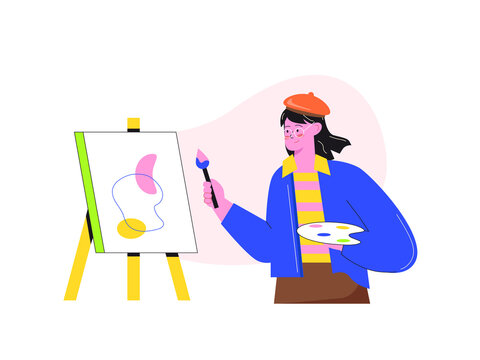 A young female painting abstract shapes on a canvas set up on an ease. Time spend illustrations. Flat vector concepts.