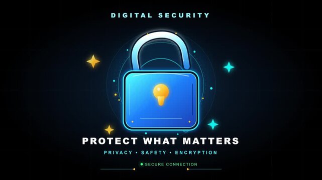 Glowing blue padlock icon unlocking and locking on dark digital background