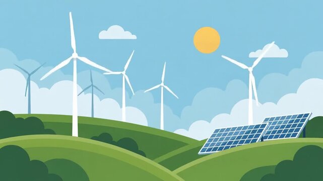 Green energy flat vector motion graphics of wind turbines spinning on rolling hills with solar panels
