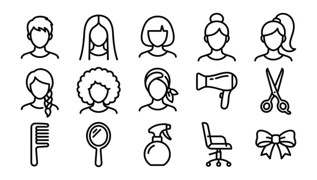 Minimalist black outline hair salon beauty parlor haircut styling accessories people avatars vector linear icons set