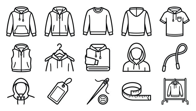 Minimalist black outline hoodie apparel clothing design fashion production textile tailoring vector linear icons collection set