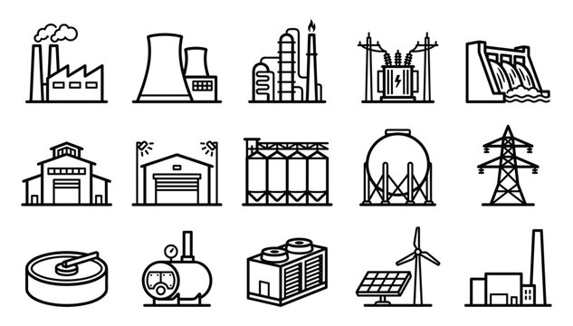 Minimalist black outline heavy industry factory energy power generation infrastructure engineering vector linear web icons collection set