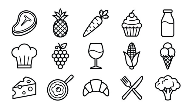 Minimalist black outline icon set of food ingredients restaurant meals fresh vegetables fruits and kitchen utensils