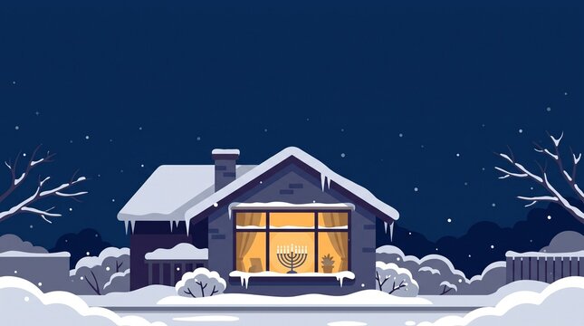 Cozy house with a menorah in the window on a snowy winter night