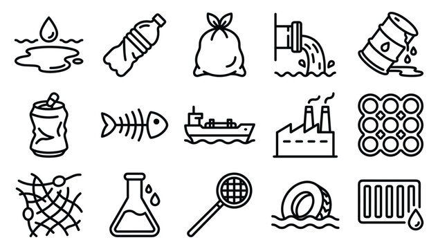 Minimalist black outline ocean water pollution environmental ecological waste industrial drainage disposal vector linear icons set