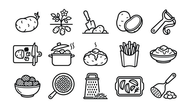 Minimalist black outline potato agriculture cooking preparation delicious food restaurant vector linear icons set