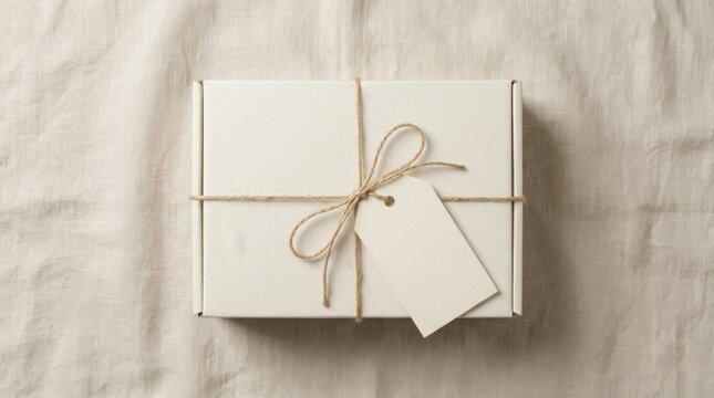 Simple Cream Colored Gift Box Tied With Twine and Blank Tag