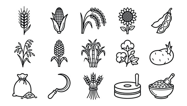 Minimalist black outline vector graphics representing global agricultural food crops cultivation and traditional farm harvesting tools