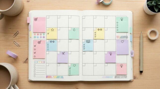 Bullet journal with colorful sticky notes and icons for planning goals and tasks