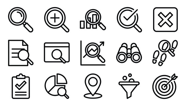 Minimalist black outline vector icons representing business data search analysis corporate research and market optimization discovery