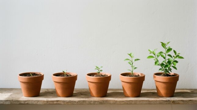 Five terracotta pots with plants showing stages of growth from seedling to mature plant on a wooden shelf