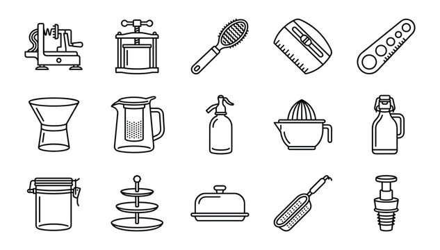 Modern line icon set of specialty culinary kitchenware and gourmet cooking utensils isolated on white background