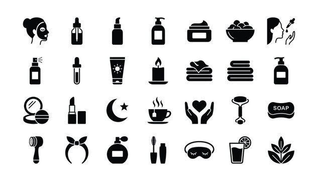 Solid black glyph icon set of skincare products beauty cosmetics spa treatments and wellness facial care symbols