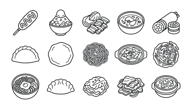 Vector outline illustrations of Korean popular street food items and traditional dishes for culinary magazine articles