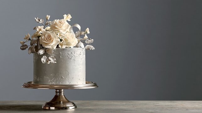 Anniversary cake with sugar roses and silver leaf on a cake stand Generative AI