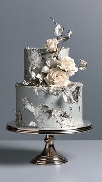 Pearl gray anniversary cake with sugar roses and silver ribbons on a stand Generative AI