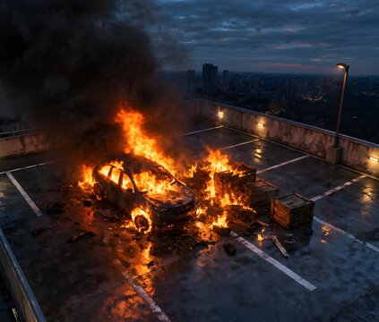 Burning vehicle tire and splintered timber crates blazing on upper level municipal rooftop parking deck