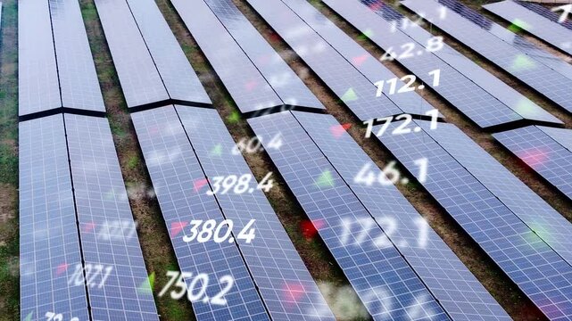 Rows of blue solar modules display floating numerical graphics from above