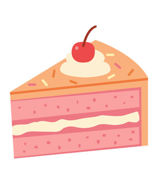 A single slice of pink layer cake topped with whipped cream and a fresh cherry flat design baked goods white background