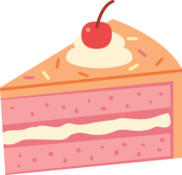 A single slice of pink layer cake topped with whipped cream and a fresh cherry flat design baked goods white background