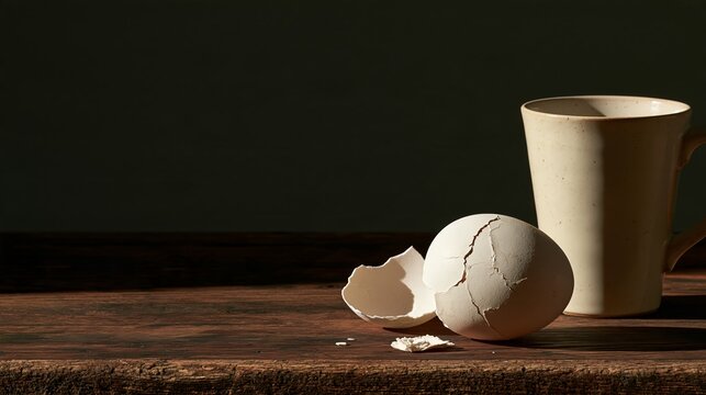 Cracked eggshell and untouched mug on a kitchen counter at morning Generative AI